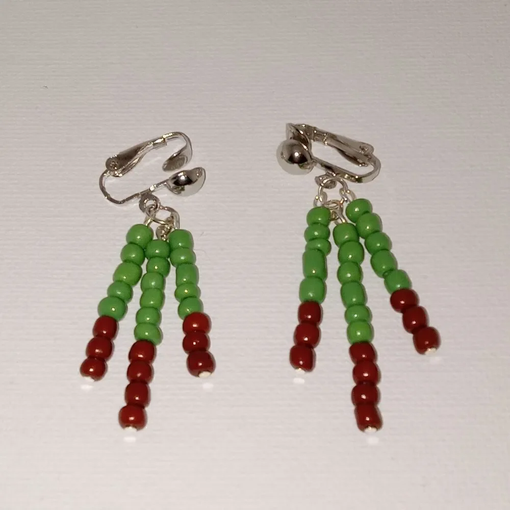 Green and brown beaded 3 stick earrings